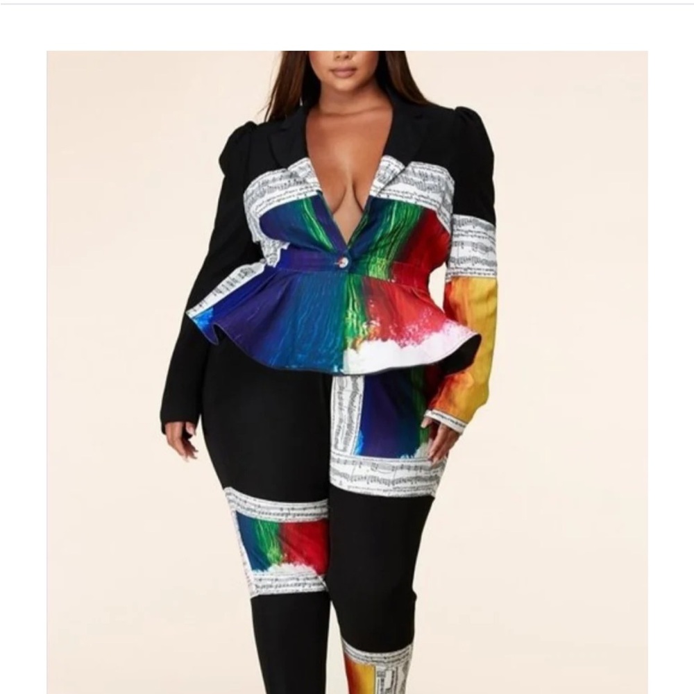 L'ATISTE Sound of Music Multicolor Musical Two Piece Blazer Pants Suit 3X NWT